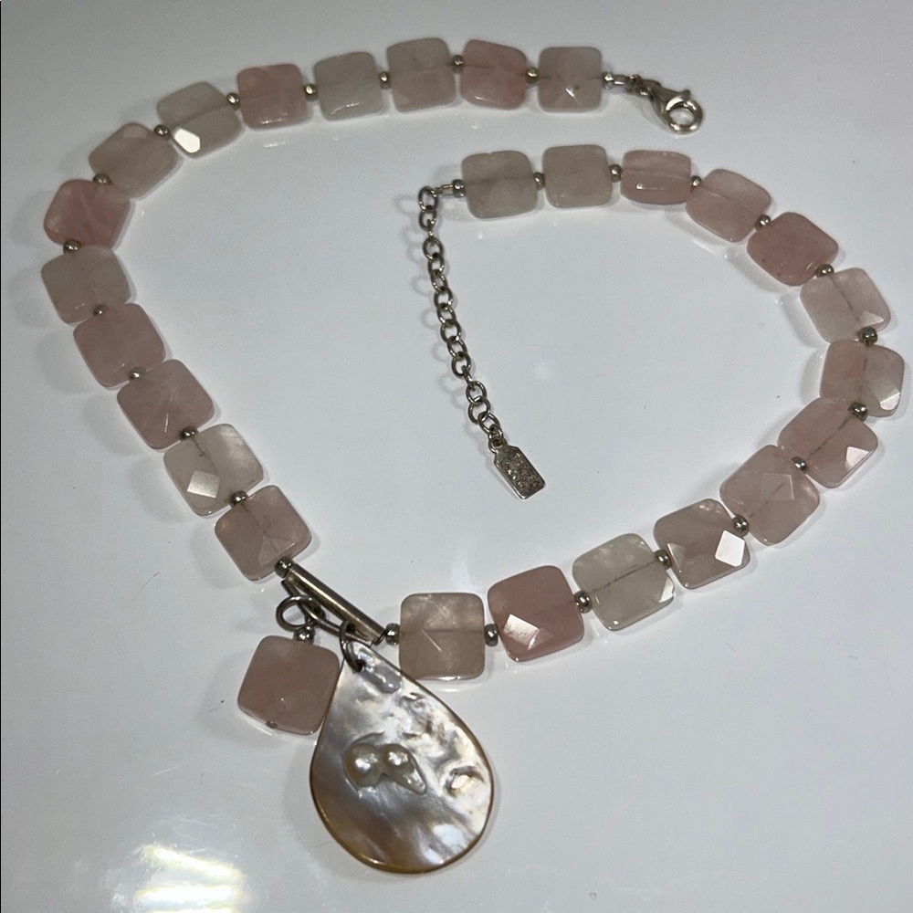 Genuine Rose Quartz Sterling Silver Bead Vintage Peyote Bird Designer Necklace
